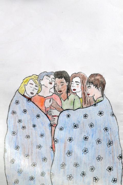 pil pastel picture of refugee huging each other