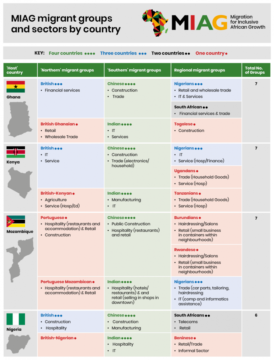 Image graphic displaying MIAG migrant groups and sectors by country (also accessible as pdf document using link below)