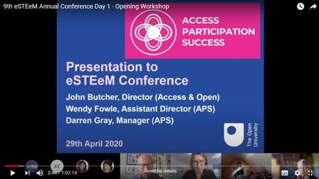 Screenshot from the opening address at eSTEeM’s first online only conference