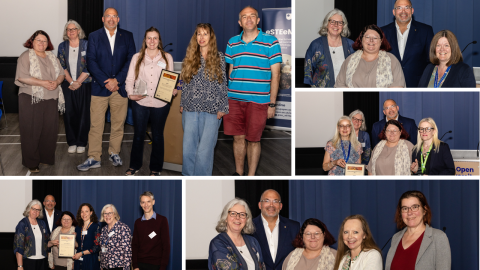 Some of the award winners being presented with their prizes by discussion panellists