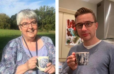 Mair and James drinking tea in contrasting settings