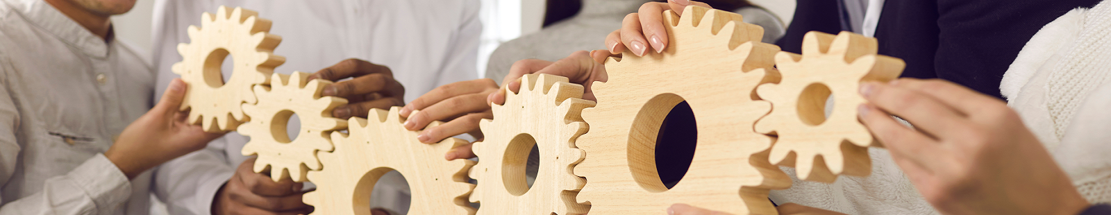 A group of people holding a row of inter-linked wooden cogs