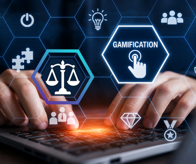 image of a person on a laptop with the image of legal scales and the word 'gamification' .