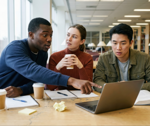a group of people around a laptop