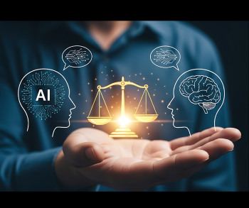 image of legal scales with a brain one side and AI the other 