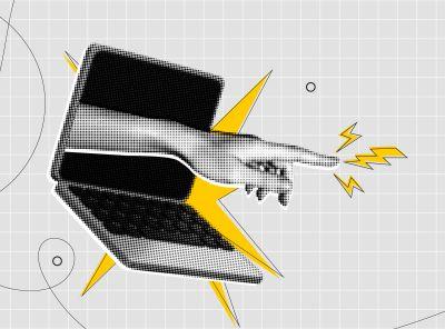 hand coming out of a laptop and pointing