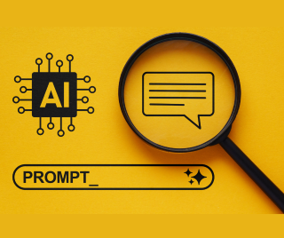 image of an AI symbol, magnifying glass and a webpage 'prompt' symbol 
