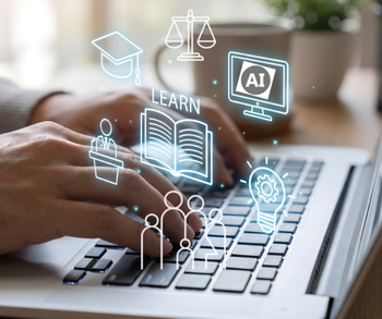 image of a parson at a laptop with floating information symbols eg light bulb, AI laptop screen 