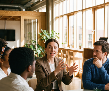 person explaining something to a group of people  