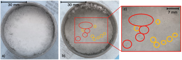 Image showing the surface of ice after impact by buckshot dust projectiles. Circles highlight impact points.