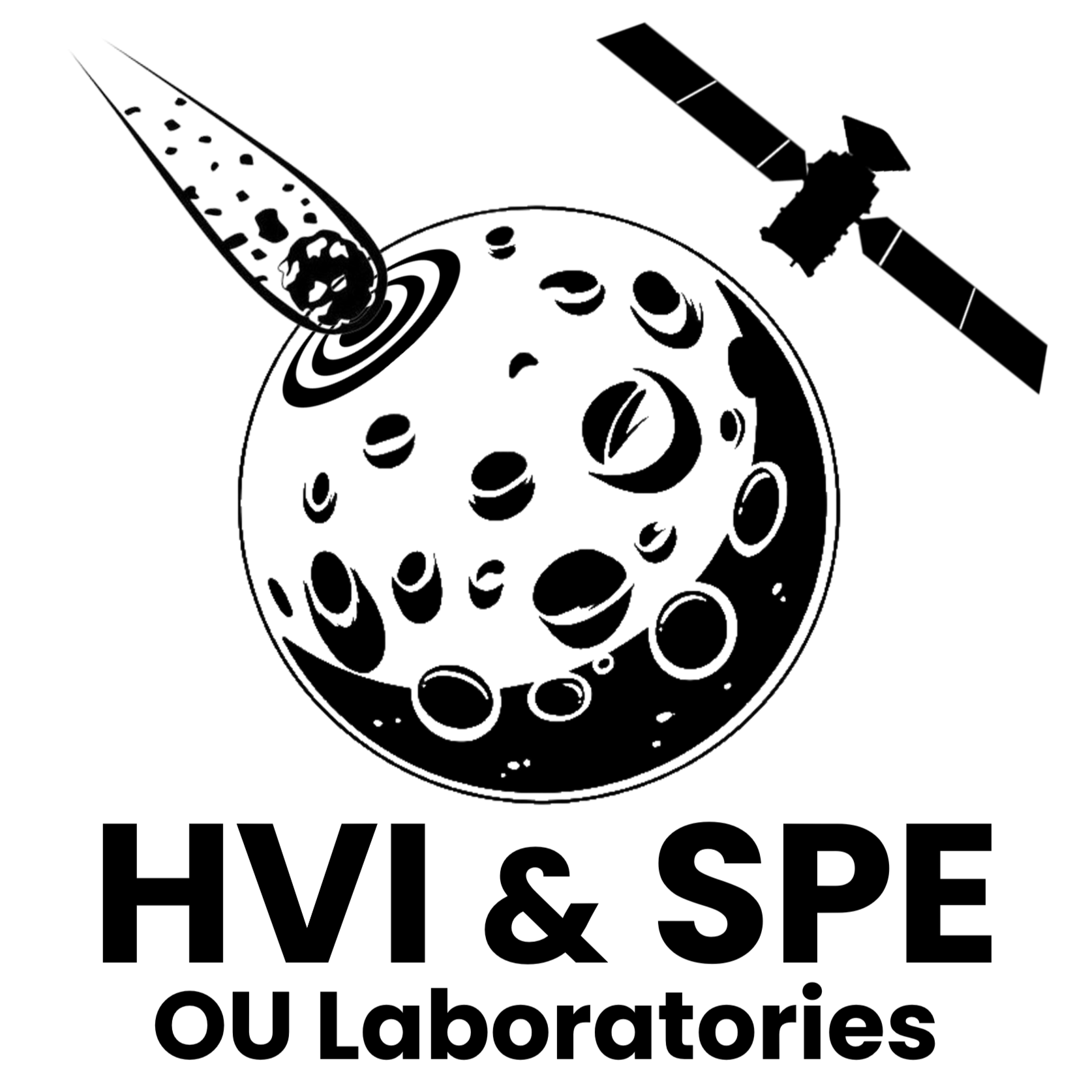 Logo for the HVI and SPE labs featuring a planet, being impacted by  meteor and orbited by a spacecraft
