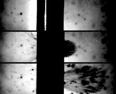 High Speed Camera frames showing a projectile impacting a surface and generating an ejecta cloud out of the back of the target