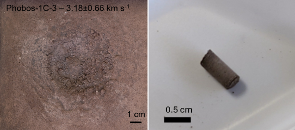 Left omage of Phobos regolith simulant post-impact showing a large single crater. Right image of cylindrical Mars-like projectile including biosignatures.