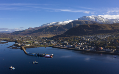 Aerial view of Fort William Pier, town and Ben Nevis Mountain