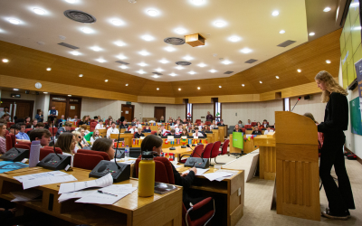 Students inside the Highland Council Chamber for Mock COP28