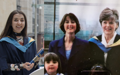 Charlotte Lopez graduating and a photo of her as a child with her mum and grandma 