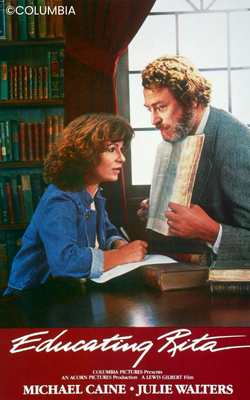 Poster for Educating Rita film - photo of actors Julie Walters and Michael Caine in a room with shelves of books. 