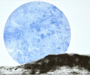 Print of a blue moon on a white background, by Nicola McInally