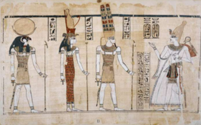 Papyrus scroll showing the Egyptian pharaoh Ramesses III with the gods Amun, Mut, and Khonsu © The Trustees of the British Museum