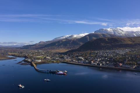 Aerial view of Fort William Pier, town and Ben Nevis Mountain