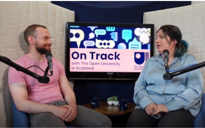 Andrew Potter and Catriona Bergman speaking into microphones. 