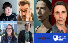 Collage of headshots of Matthew Goode, Kate Dickie, Richard Osman, Louise Welsh, Robert Peston, and Lara Frumkin. With the Ou logo and the Bloody Scotland logo.