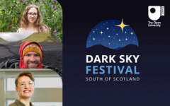 Promotional graphic for the South of Scotland Dark Sky Festival featuring headshots of the three Open University event speakers on the left: Dr Emma Johanna Puranen, Dr Mark Fox-Powell, and Dr Velislava Ilieva. On the right, against a dark navy background, is an illustration of a starry night sky over mountain silhouettes with the text "DARK SKY FESTIVAL SOUTH OF SCOTLAND" and The Open University in Scotland logo in the top right corner.