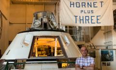 Prof Mahesh Anand standing in front the Hornet +3, Apollo 11 module