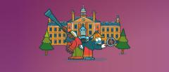 An animated astronomer with a telescope, a robot and a investigator with a magnifying glass stand in front of a building