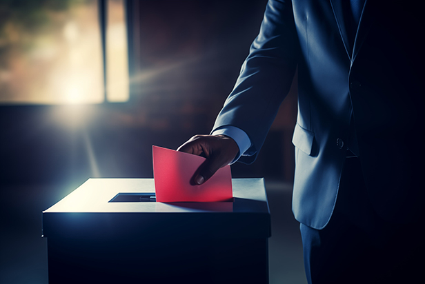 A black man in a suit casts his vote drops a piece of paper into the ballot box elections and voting day