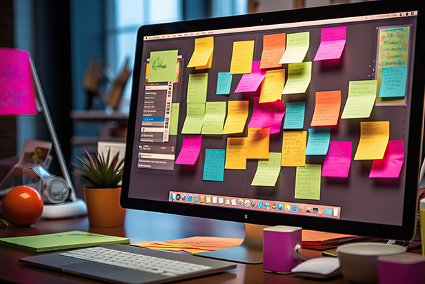 Post-it notes on a desktop computer laptop