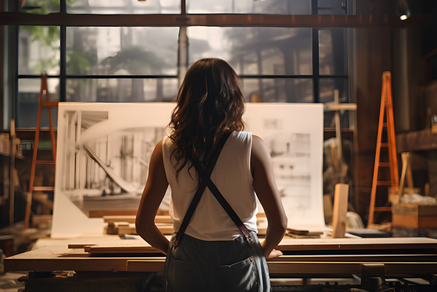 Professional female architect in work drawing building design and preparing construction documents woman with successful career in the maledominated architecture field