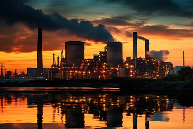 Industrial power plant at sunset generative ai