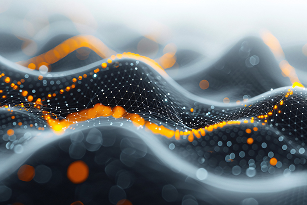 Wavy digital mesh network with glowing orange highlights