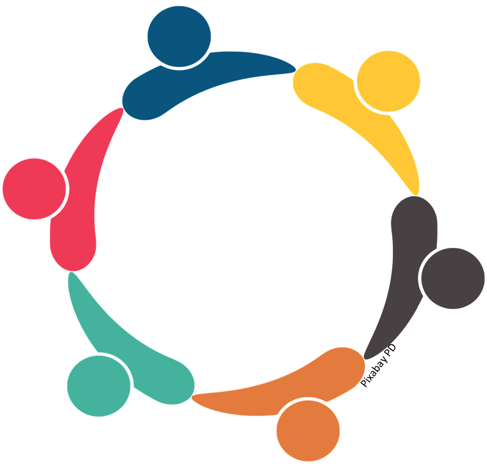 A representation of collaboration, six people joined together in a circle.