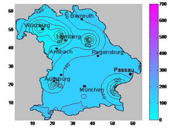 Contour map showing radioactive conditions over southern Germany