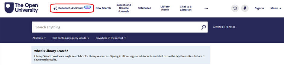 Screenshot of the Library home page. Next to the Open University logo in the header is a highlighted box called 'Research Assistant (Beta)'