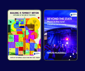 Two book covers on display on tablet computers