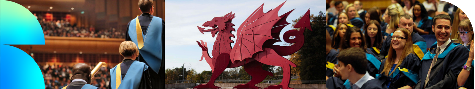 Graduates and the ICC dragon. Graddedigion a ddraig yr ICC
