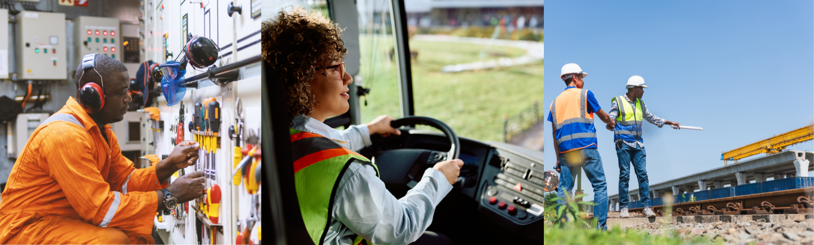 A person working with machinery, a person driving a bus, and two people working on a railway | person yn gweithio gyda pheiriannau, person yn gyrru bws, a dau berson yn gweithio ar reilffordd