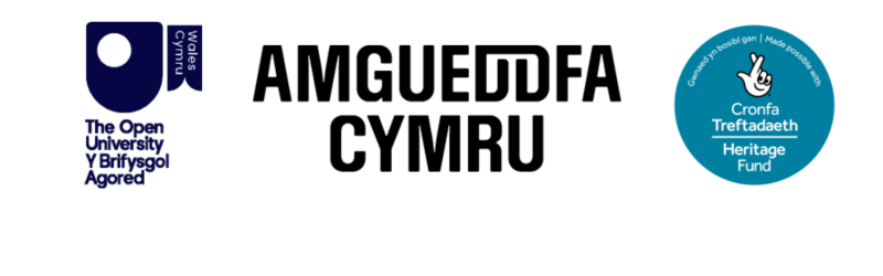 Logos of The OPen University in Wales, Amgueddfa Cymru and The National Lottery Heritage Fund