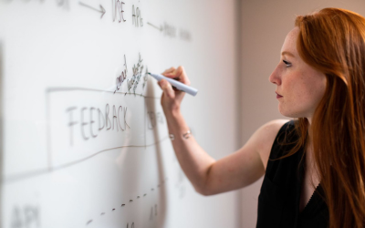 A student teacher making notes on a whiteboard