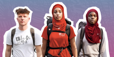 Three people with backpacks wearing t-shirts that say 'Changemakers'