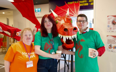 People stood with a craft red dragon